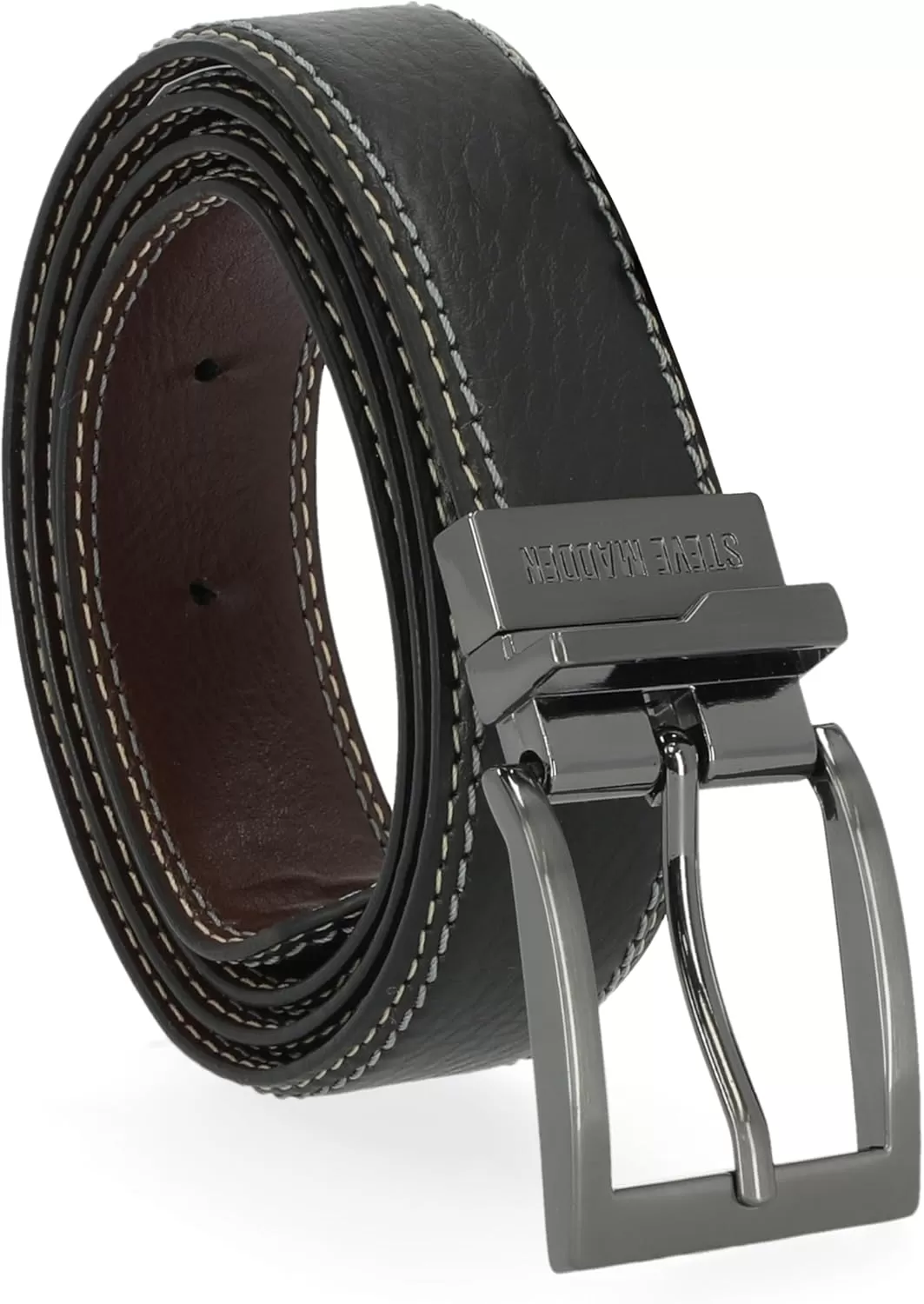 imageSteve Madden Mens Dress Casual Every Day Leather BeltBlackBrown Double Stitch