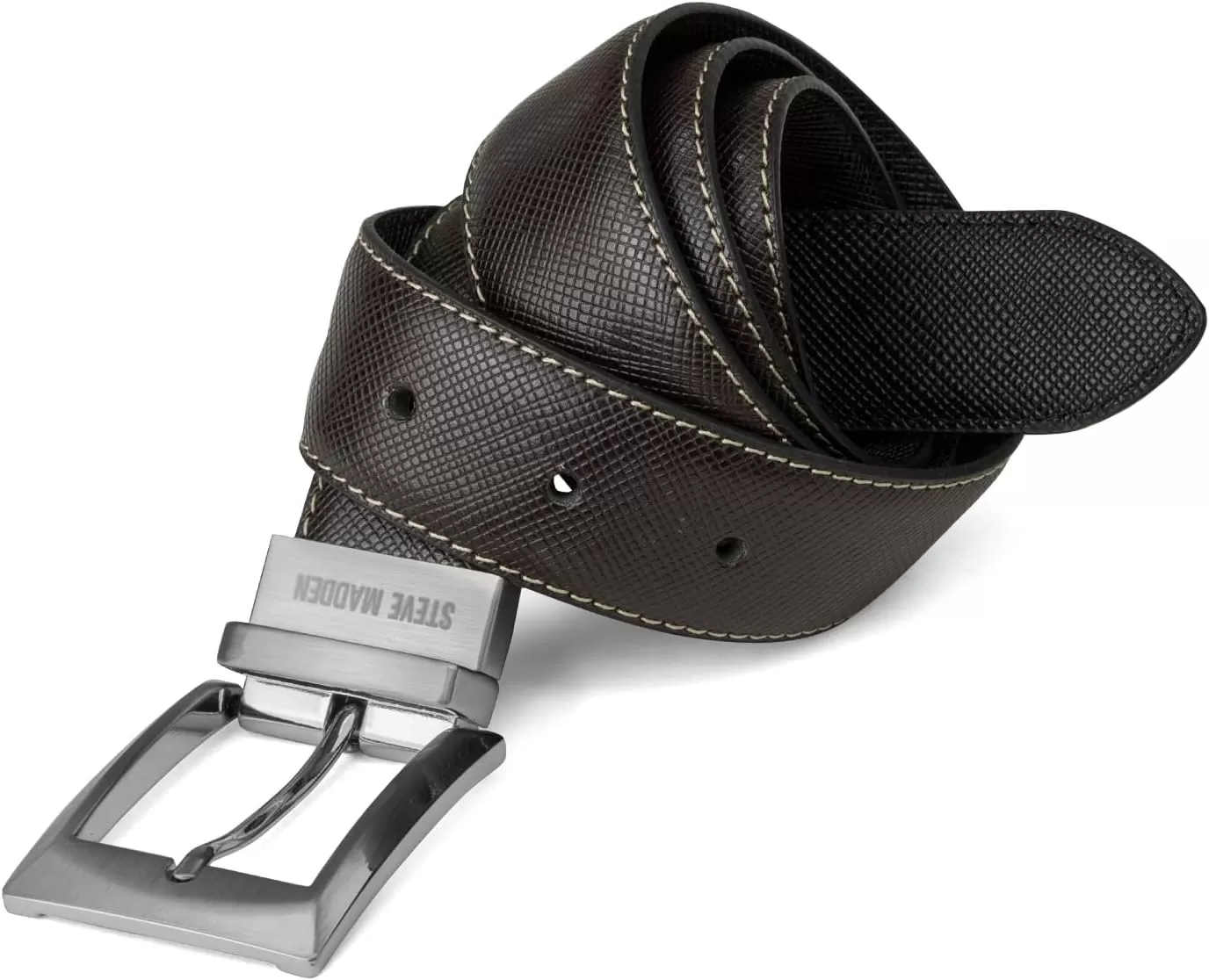 imageSteve Madden Mens Dress Casual Every Day Leather BeltBlackBrown Edge Stitch