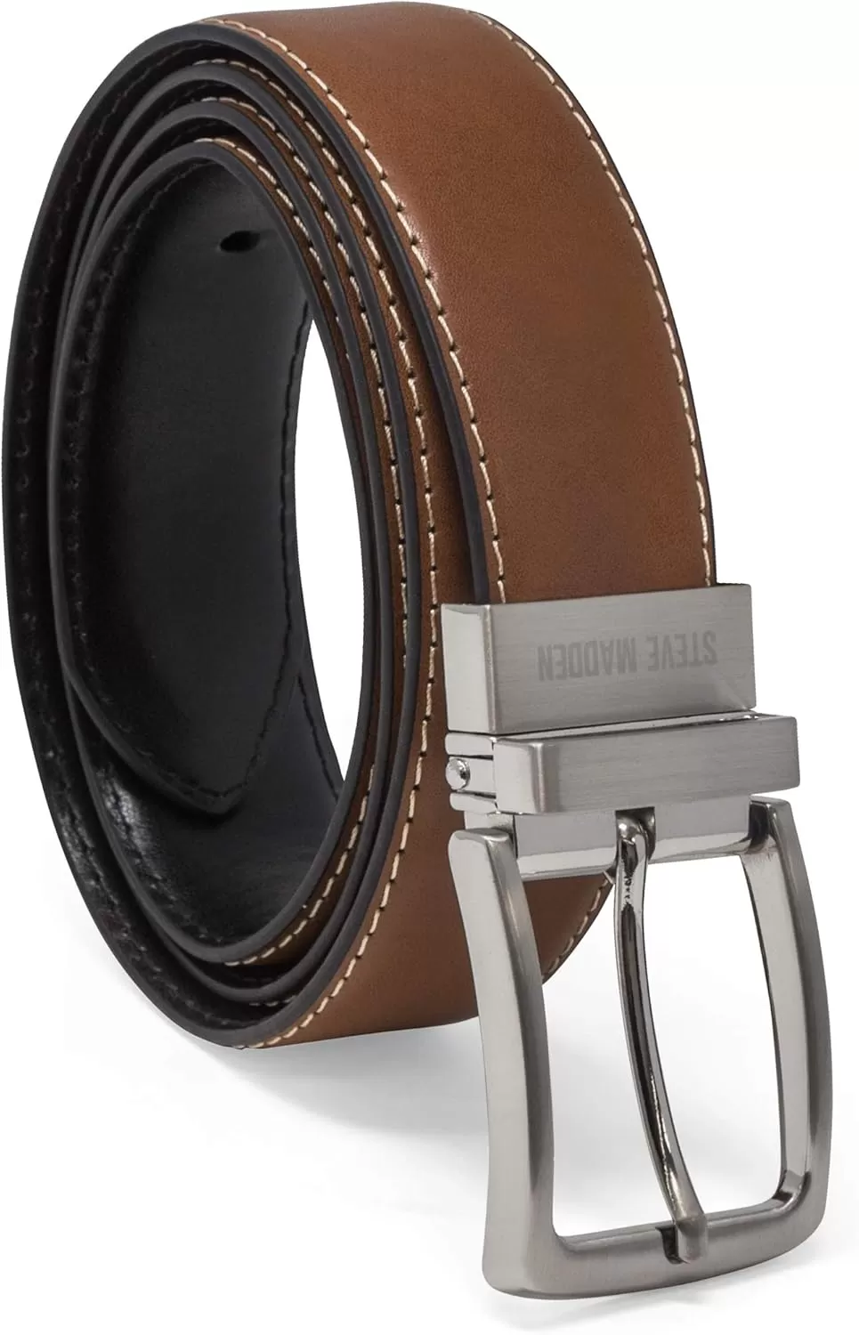 imageSteve Madden Mens Dress Casual Every Day Leather BeltCognacBlack Feather Edge