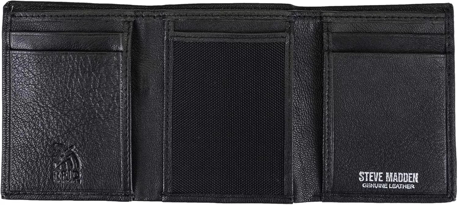 imageSteve Madden Mens RFID Trifold Wallet with Id WindowBlack Smooth Grain