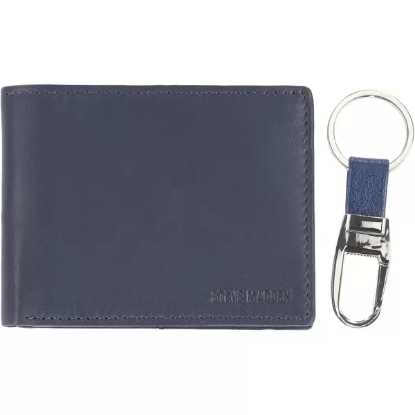 imageSteve Madden Mens RFID Leather Wallet Gift Set with Key FobNavy
