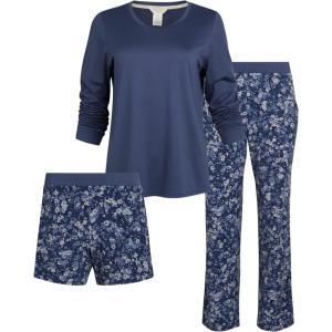 imageSteve Madden Womens Pajama 3 Piece Set Long Sleeve Shirt Pants Lounge ShortsDenim Blue  Ditsy Spot