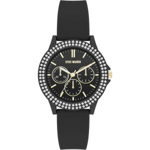 imageSteve Madden Womens Genuine Crystal Accented Silicone Strap WatchBlack