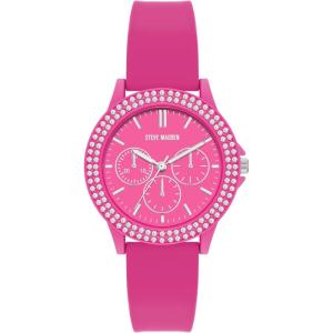 imageSteve Madden Womens Genuine Crystal Accented Silicone Strap WatchHot Pink