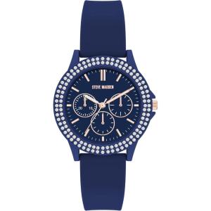 imageSteve Madden Womens Genuine Crystal Accented Silicone Strap WatchNavy BlueRose Gold
