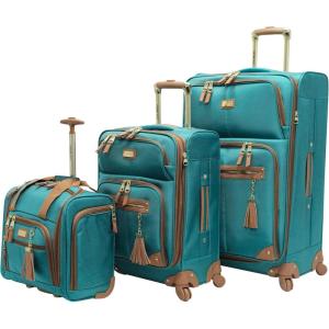imageSteve Madden Designer Luggage Collection  3 Piece Softside Expandable Lightweight Spinner Suitcase Set  Travel Set Includes an Under Seat Bag 20Inch Carry on and 28Inch Checked SuitcaseHarlo Teal Blue