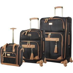 imageSteve Madden Designer Luggage Collection  3 Piece Softside Expandable Lightweight Spinner Suitcase Set  Travel Set Includes an Under Seat Bag 20Inch Carry on and 28Inch Checked SuitcaseHarlo Black