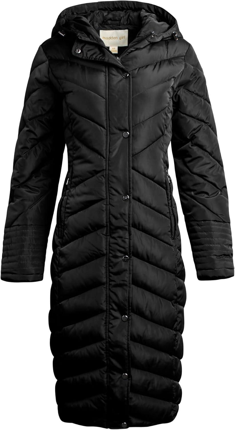 imageMadden Girl Womens Maxi Puffer Jacket  Long Quilted Puffer Coat Sizes S3XBlack