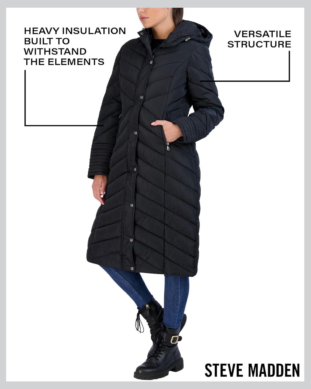 imageMadden Girl Womens Maxi Puffer Jacket  Long Quilted Puffer Coat Sizes S3XBlack