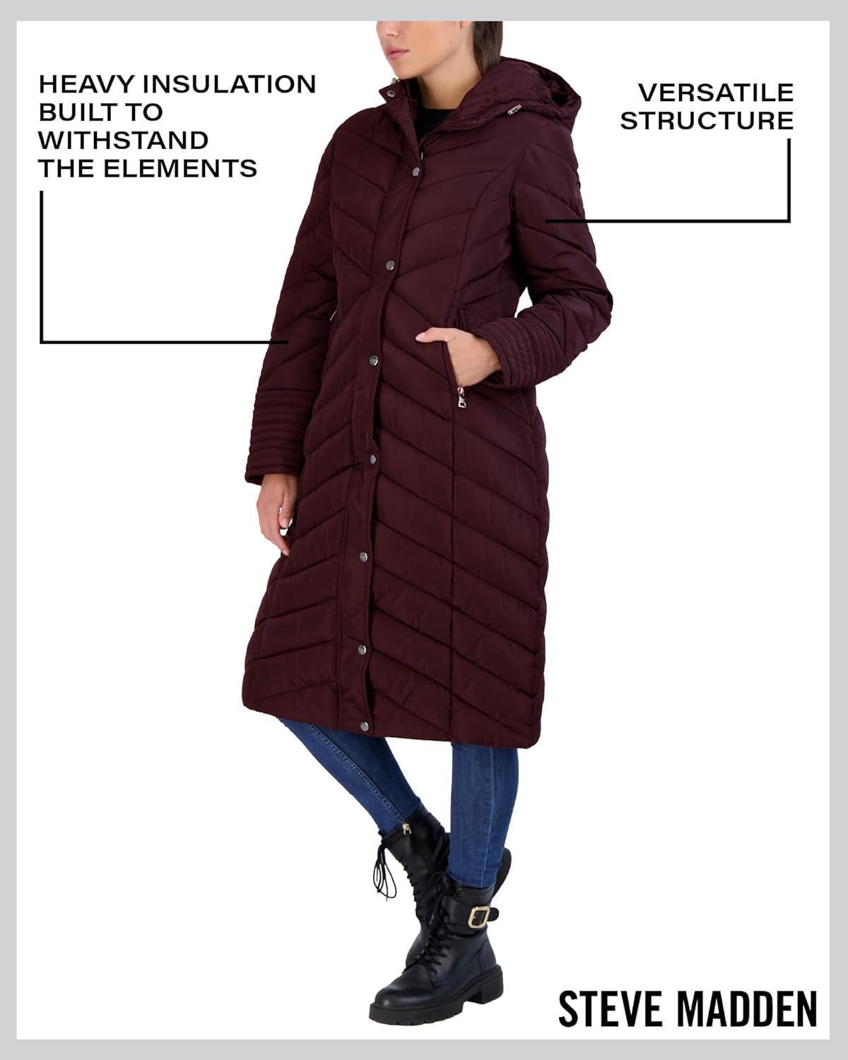 imageMadden Girl Womens Maxi Puffer Jacket  Long Quilted Puffer Coat Sizes S3XMerlot