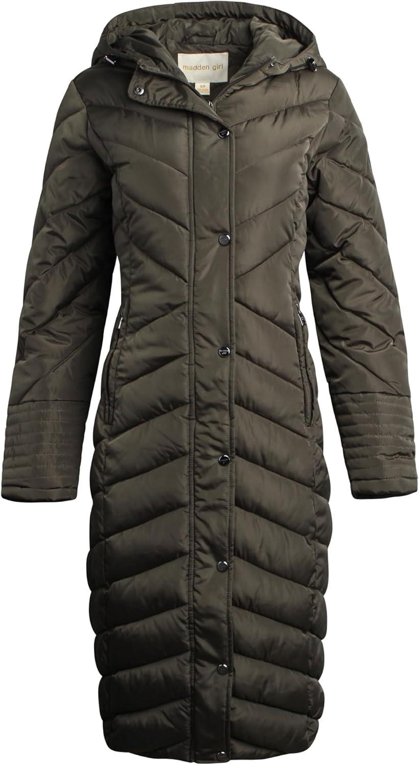 imageMadden Girl Womens Maxi Puffer Jacket  Long Quilted Puffer Coat Sizes S3XOlive