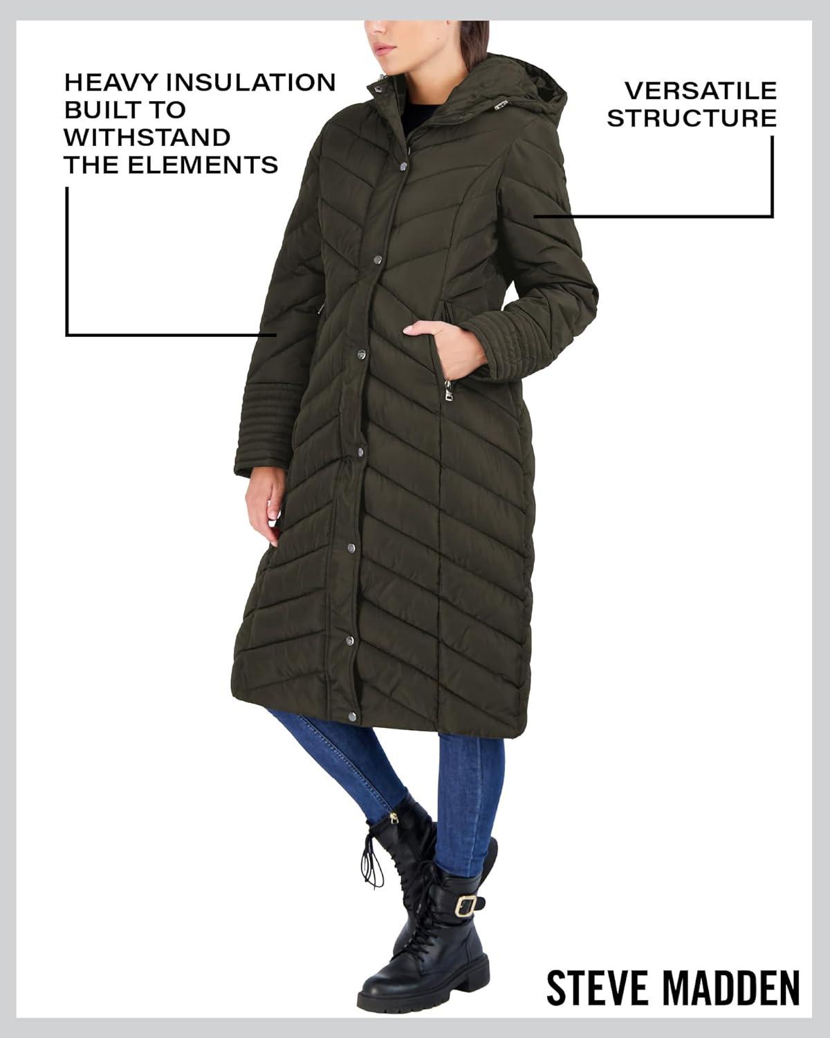 imageMadden Girl Womens Maxi Puffer Jacket  Long Quilted Puffer Coat Sizes S3XOlive
