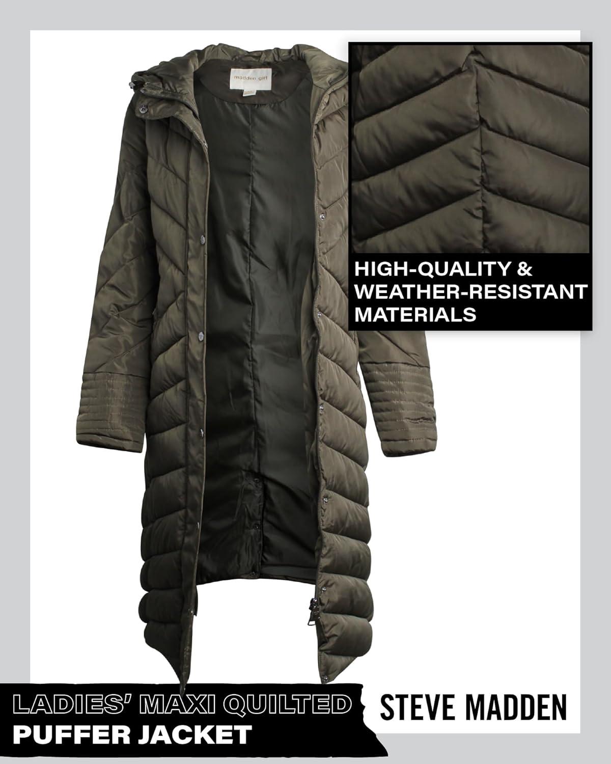 imageMadden Girl Womens Maxi Puffer Jacket  Long Quilted Puffer Coat Sizes S3XOlive