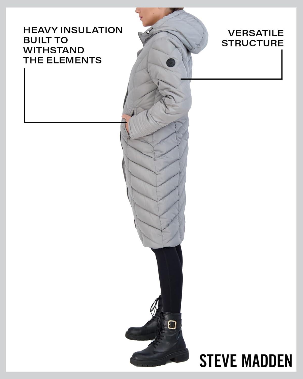 imageMadden Girl Womens Maxi Puffer Jacket  Long Quilted Puffer Coat Sizes S3XTitanium