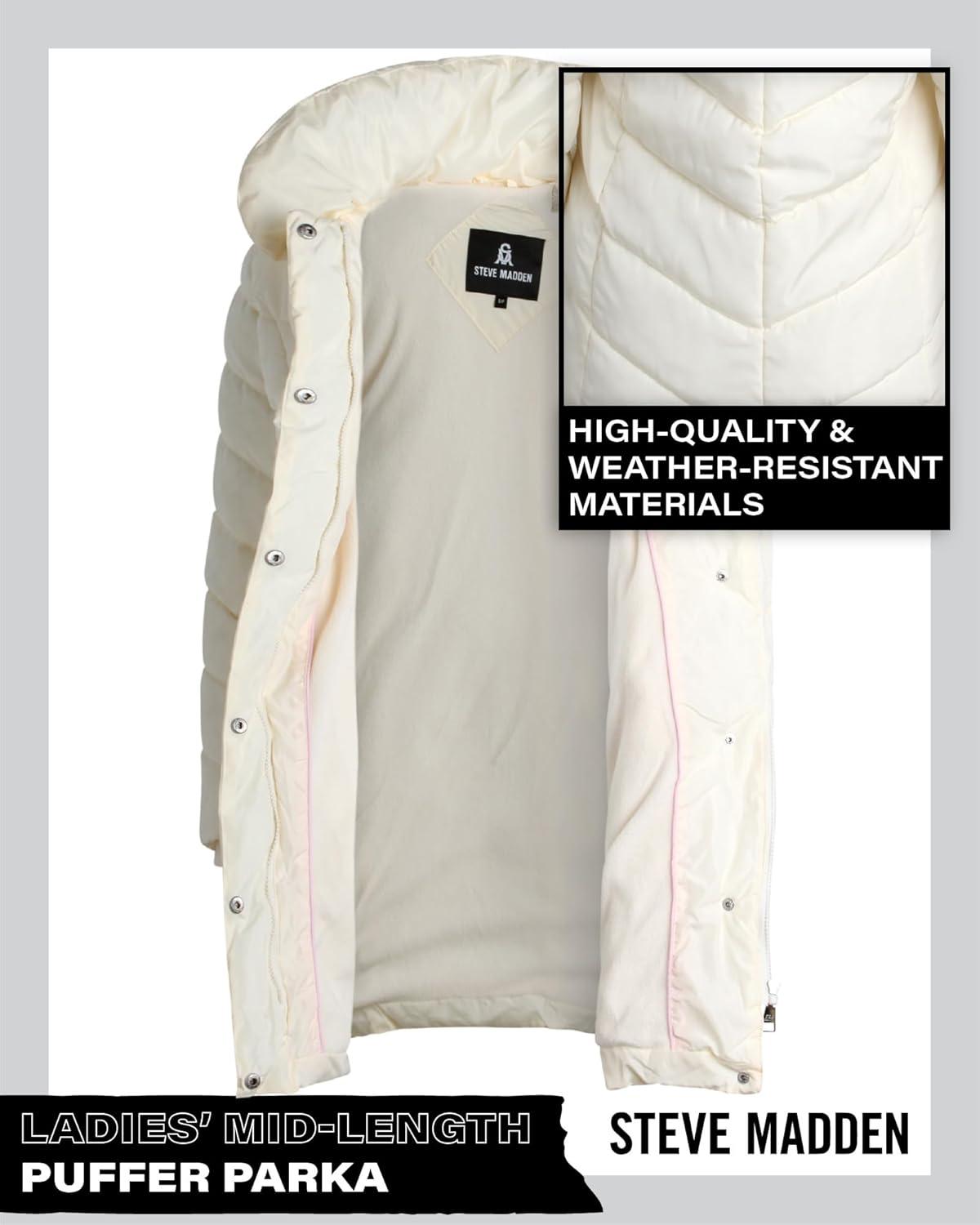 imageSteve Madden Womens Insulated Quilted Puffer Parka Winter Coat with Hood SXLIvory