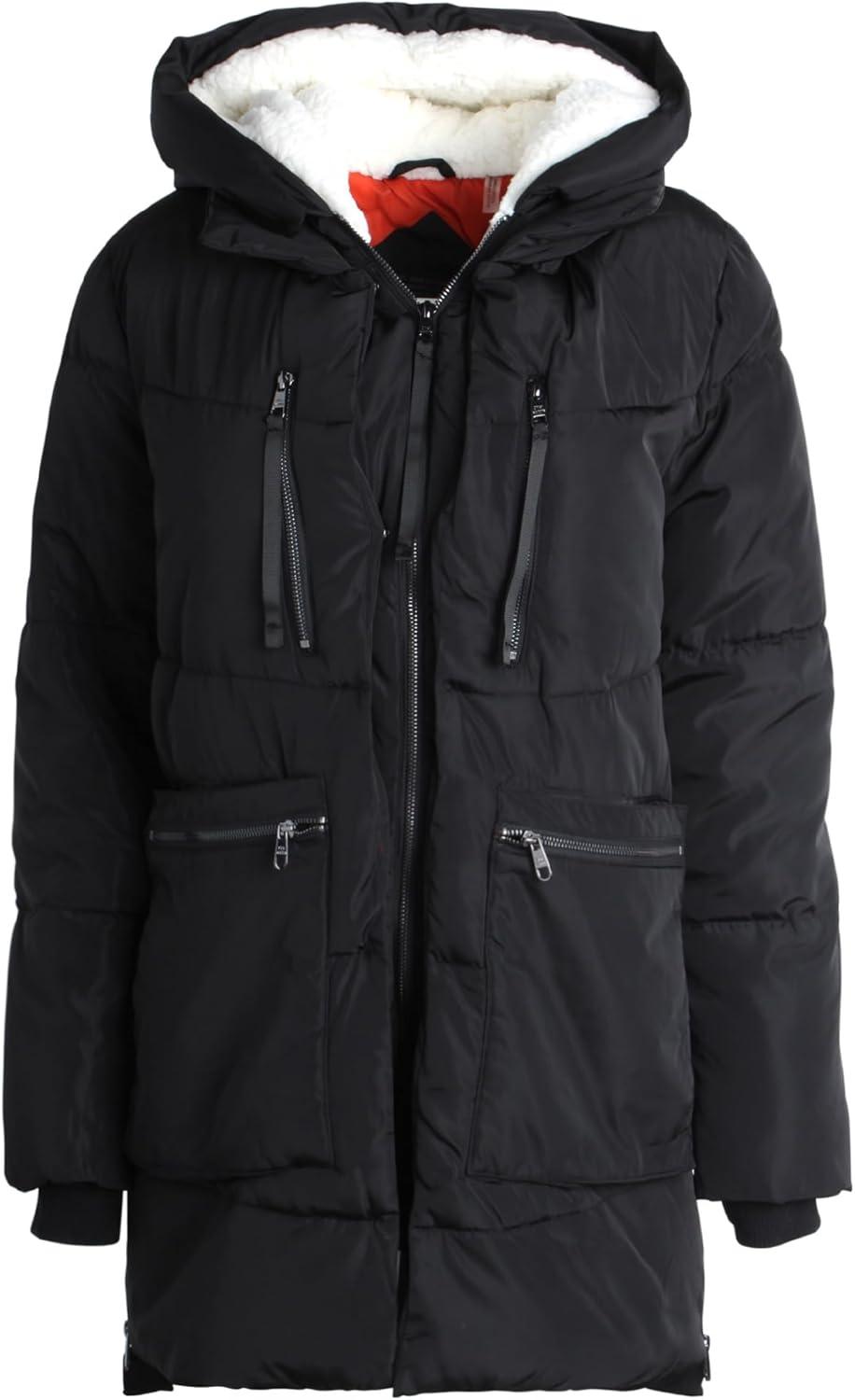 imageSteve Madden Womens Long Parka  Insulated Quilted Puffer Winter Coat for Women with Faux Sherpa Hood Sizes SXLBlack Two