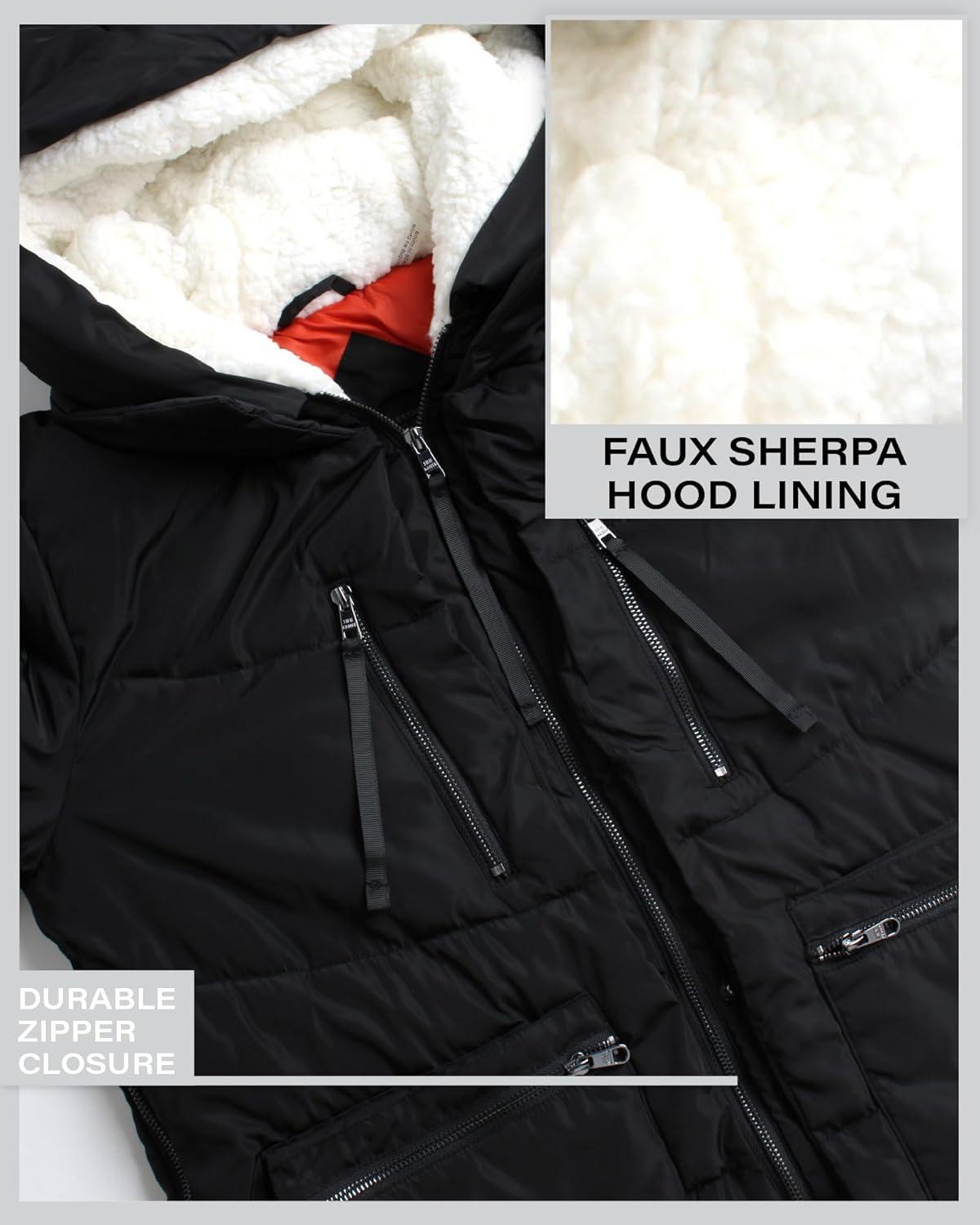 imageSteve Madden Womens Long Parka  Insulated Quilted Puffer Winter Coat for Women with Faux Sherpa Hood Sizes SXLBlack Two