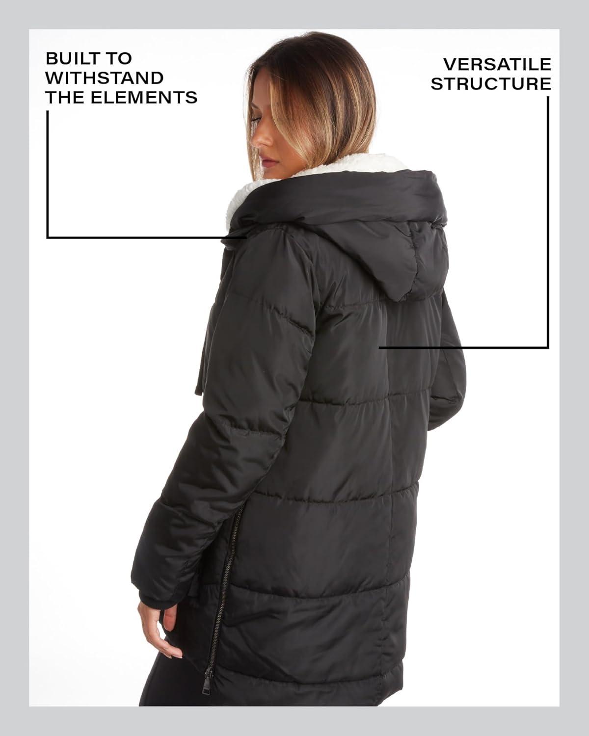 imageSteve Madden Womens Long Parka  Insulated Quilted Puffer Winter Coat for Women with Faux Sherpa Hood Sizes SXLBlack Two