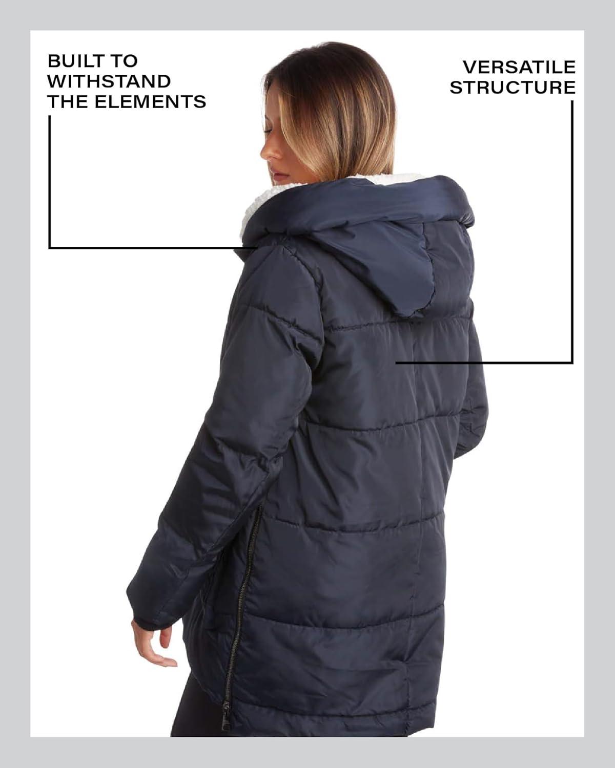 imageSteve Madden Womens Long Parka  Insulated Quilted Puffer Winter Coat for Women with Faux Sherpa Hood Sizes SXLIndigo Heather