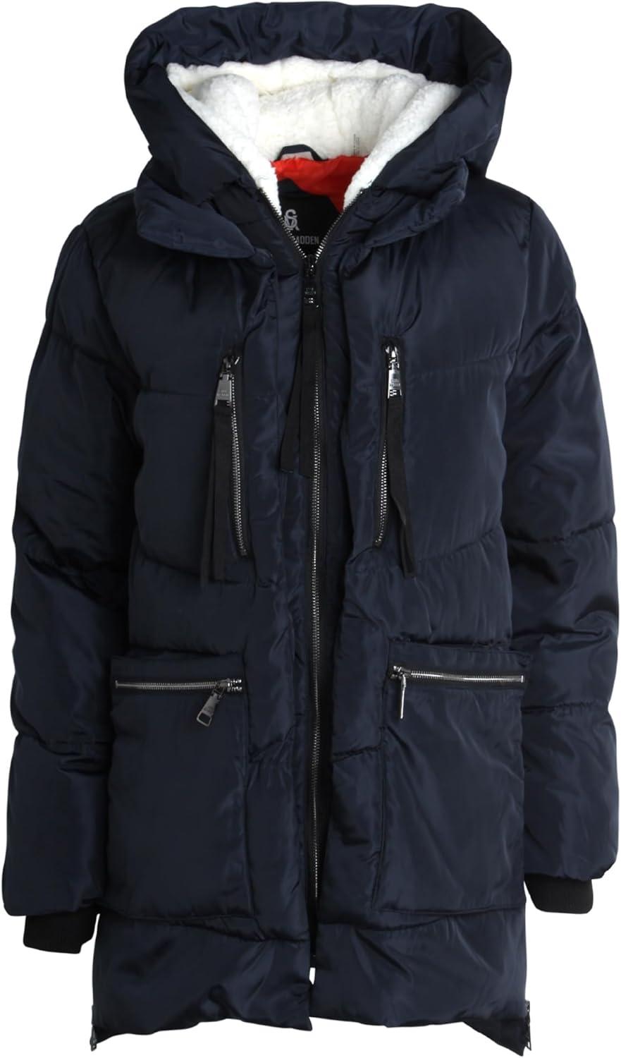 imageSteve Madden Womens Long Parka  Insulated Quilted Puffer Winter Coat for Women with Faux Sherpa Hood Sizes SXLIndigo Heather