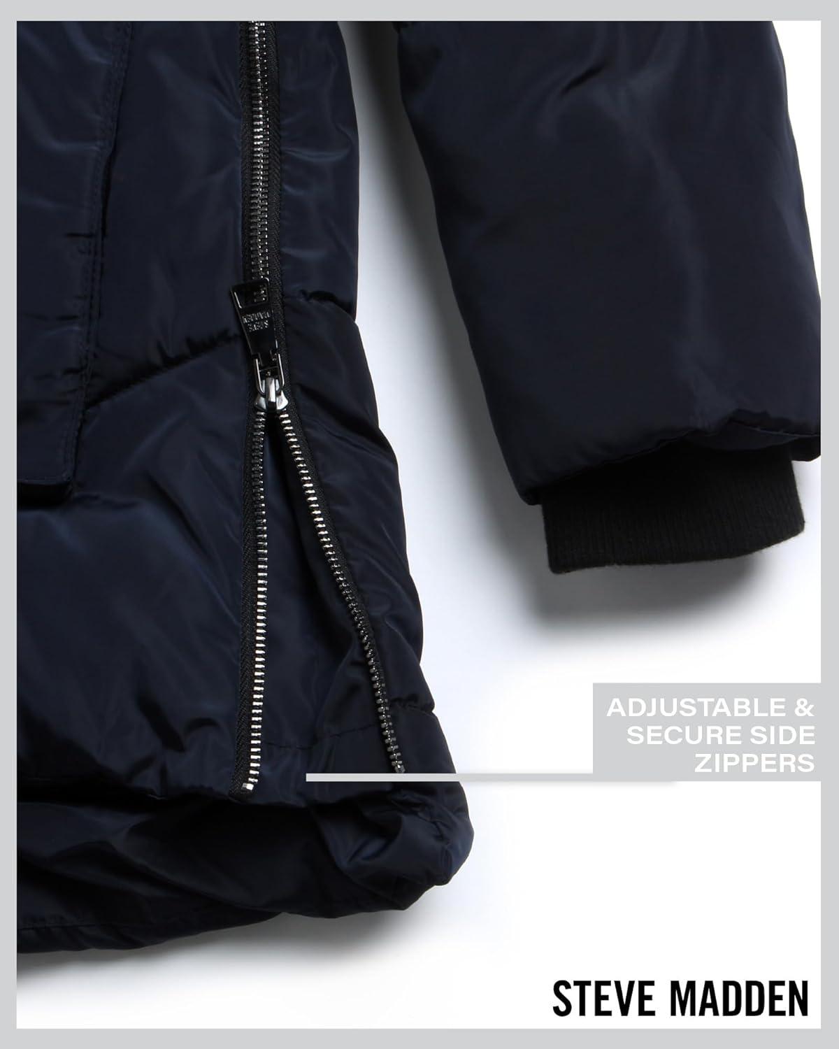 imageSteve Madden Womens Long Parka  Insulated Quilted Puffer Winter Coat for Women with Faux Sherpa Hood Sizes SXLIndigo Heather