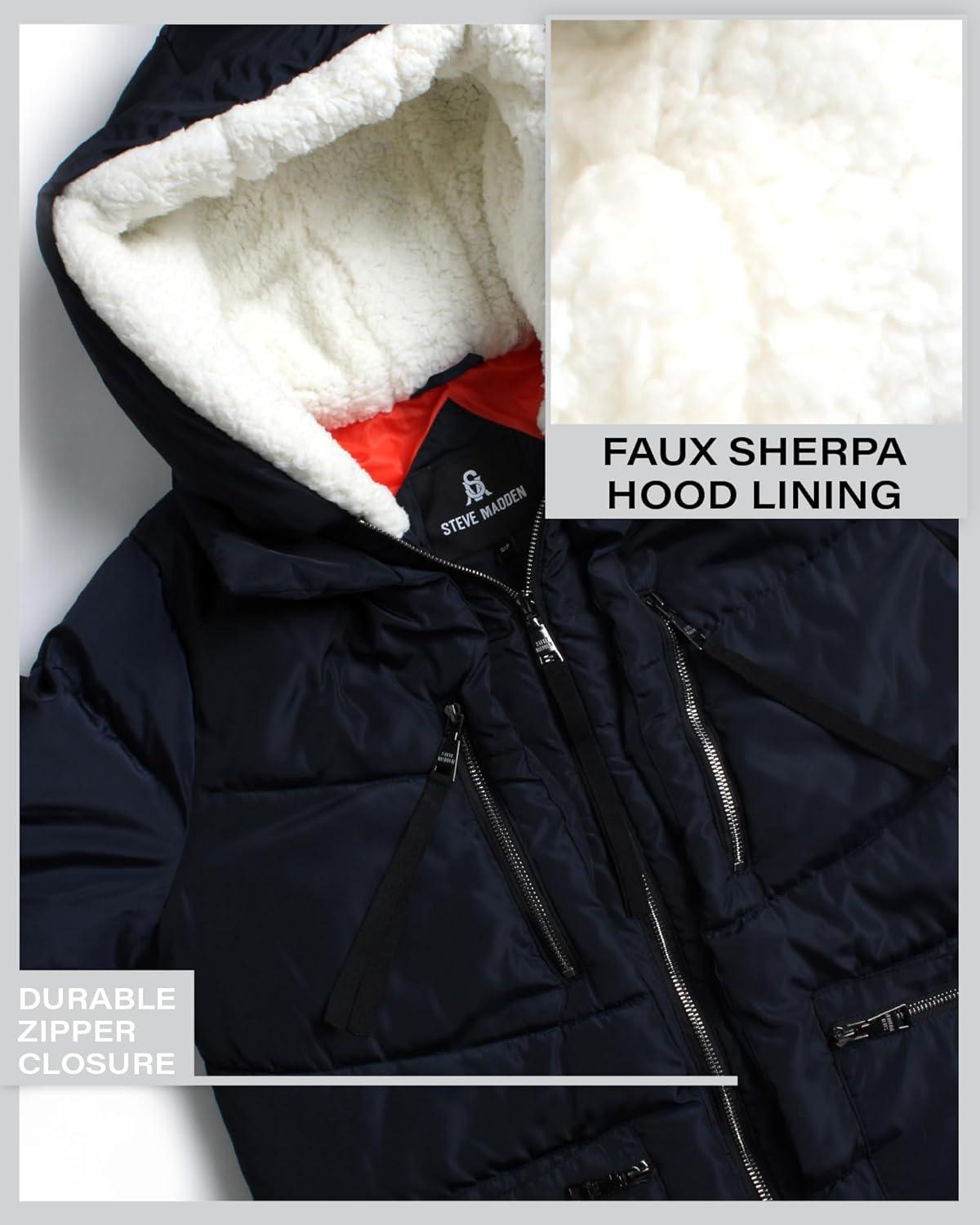 imageSteve Madden Womens Long Parka  Insulated Quilted Puffer Winter Coat for Women with Faux Sherpa Hood Sizes SXLIndigo Heather