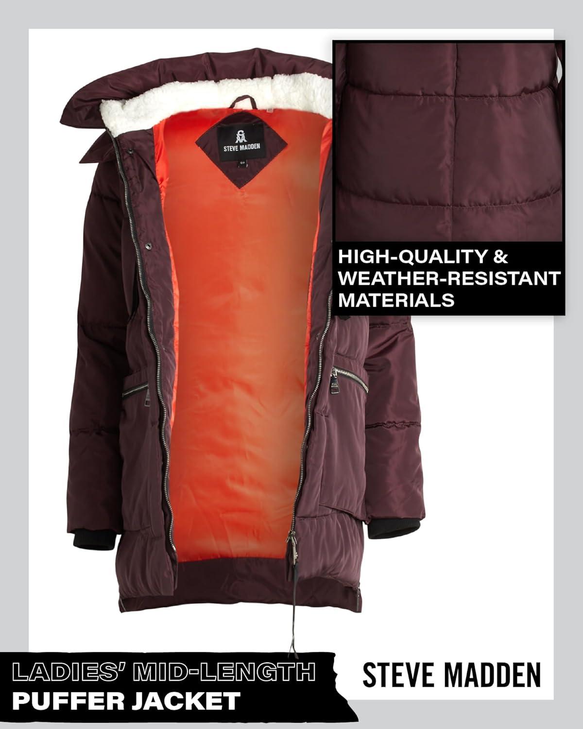 imageSteve Madden Womens Long Parka  Insulated Quilted Puffer Winter Coat for Women with Faux Sherpa Hood Sizes SXLMerlot Two