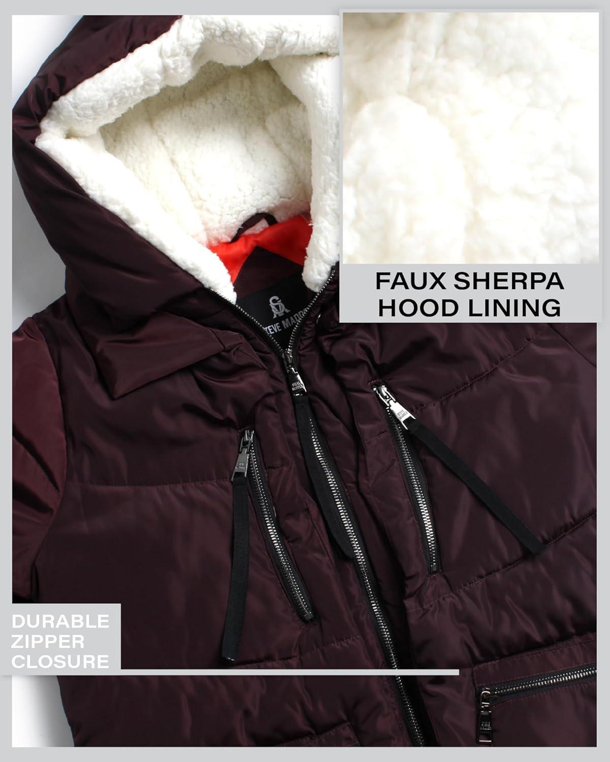 imageSteve Madden Womens Long Parka  Insulated Quilted Puffer Winter Coat for Women with Faux Sherpa Hood Sizes SXLMerlot Two