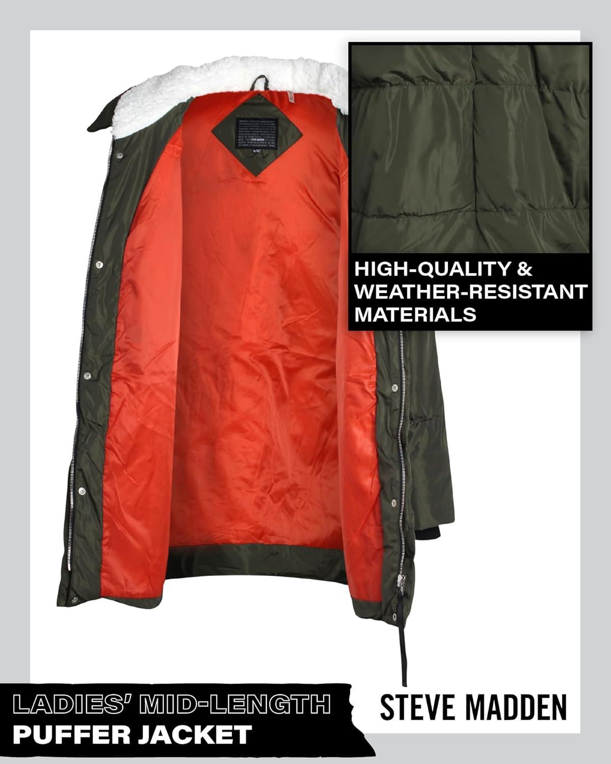 imageSteve Madden Womens Long Parka  Insulated Quilted Puffer Winter Coat for Women with Faux Sherpa Hood Sizes SXLOlive