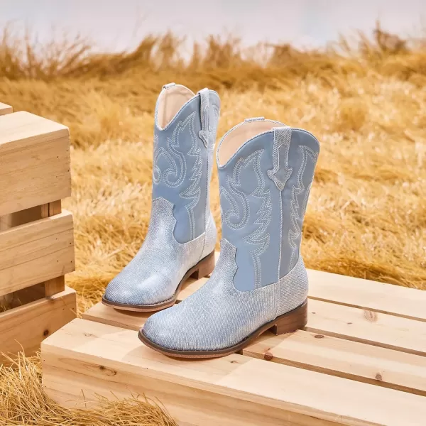 imageGirls Cowgirl Boots UnisexChild Mid Calf Glitter Toddler Cowboy Boot Little Big Kids Western Riding ShoesBlue