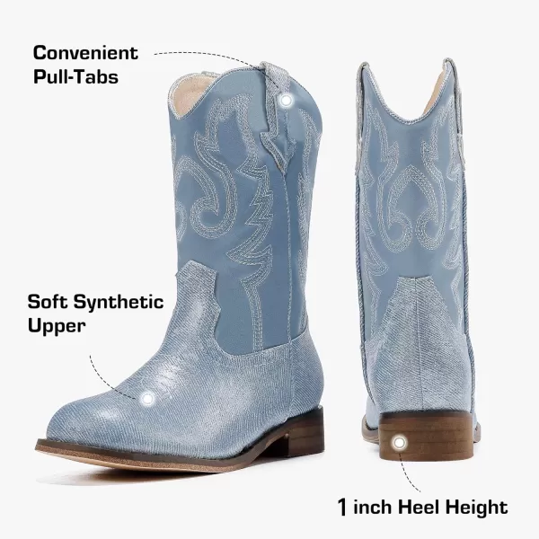 imageGirls Cowgirl Boots UnisexChild Mid Calf Glitter Toddler Cowboy Boot Little Big Kids Western Riding ShoesBlue