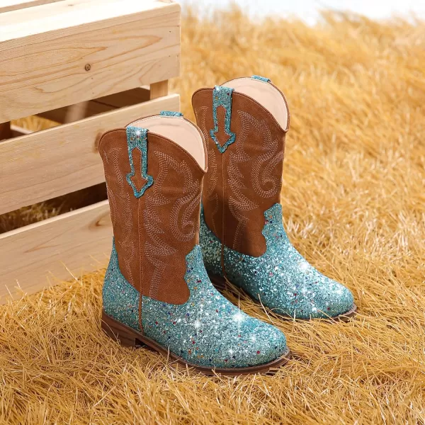 imageGirls Cowgirl Boots UnisexChild Mid Calf Glitter Toddler Cowboy Boot Little Big Kids Western Riding ShoesSequins Blue