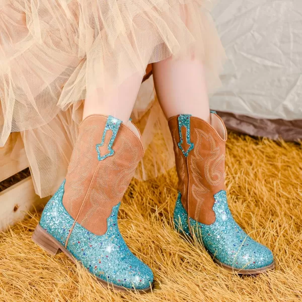 imageGirls Cowgirl Boots UnisexChild Mid Calf Glitter Toddler Cowboy Boot Little Big Kids Western Riding ShoesSequins Blue