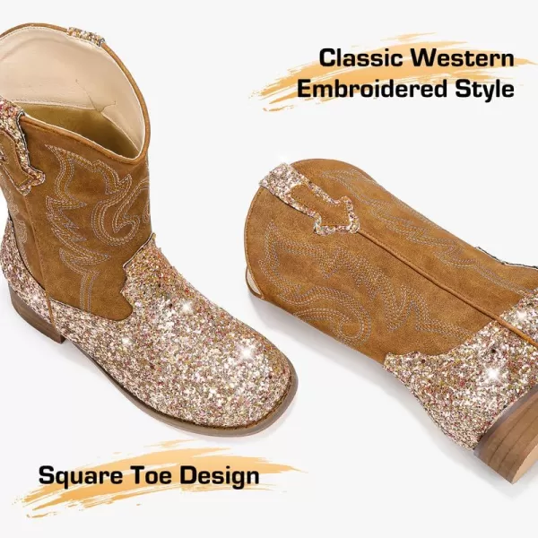 imageGirls Cowgirl Boots UnisexChild Mid Calf Glitter Toddler Cowboy Boot Little Big Kids Western Riding ShoesSequins Brown
