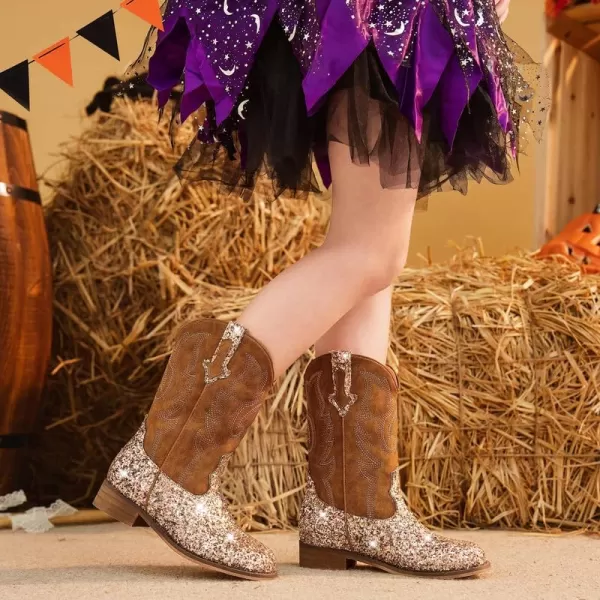 imageGirls Cowgirl Boots UnisexChild Mid Calf Glitter Toddler Cowboy Boot Little Big Kids Western Riding ShoesSequins Brown