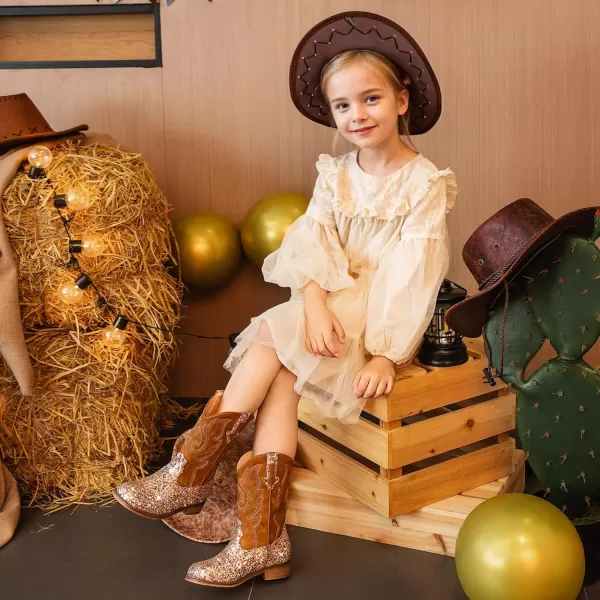 imageGirls Cowgirl Boots UnisexChild Mid Calf Glitter Toddler Cowboy Boot Little Big Kids Western Riding ShoesSequins Brown