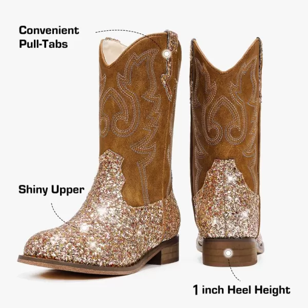imageGirls Cowgirl Boots UnisexChild Mid Calf Glitter Toddler Cowboy Boot Little Big Kids Western Riding ShoesSequins Brown