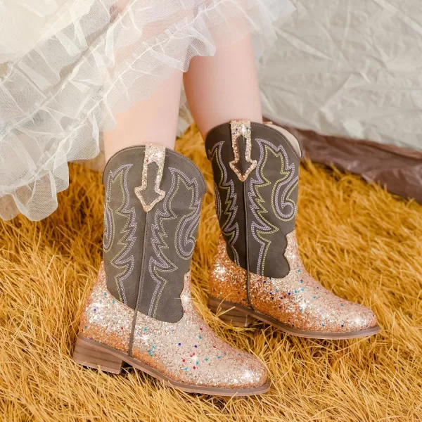 imageGirls Cowgirl Boots UnisexChild Mid Calf Glitter Toddler Cowboy Boot Little Big Kids Western Riding ShoesSequins Gold