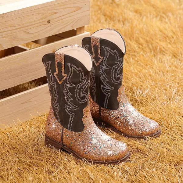 imageGirls Cowgirl Boots UnisexChild Mid Calf Glitter Toddler Cowboy Boot Little Big Kids Western Riding ShoesSequins Gold