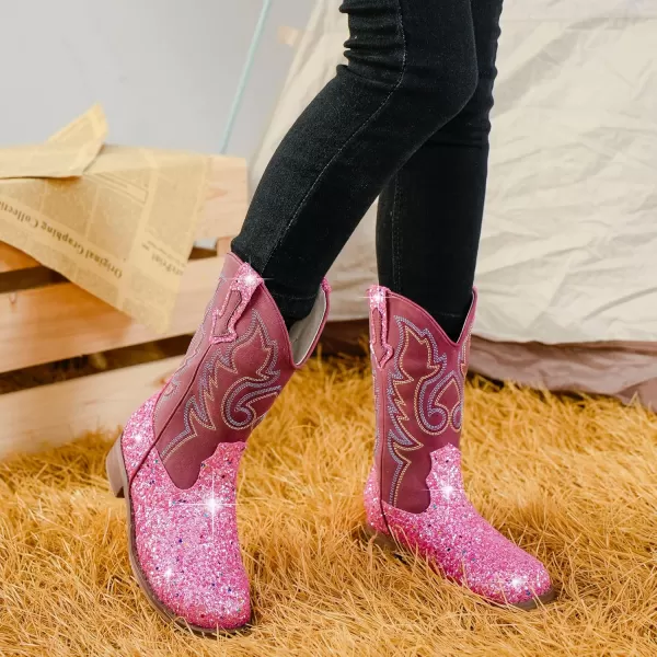 imageGirls Cowgirl Boots UnisexChild Mid Calf Glitter Toddler Cowboy Boot Little Big Kids Western Riding ShoesSequins Pink