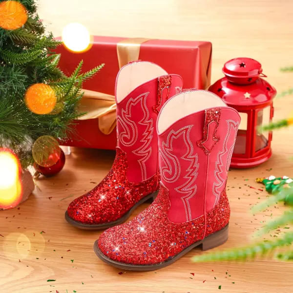 imageGirls Cowgirl Boots UnisexChild Mid Calf Glitter Toddler Cowboy Boot Little Big Kids Western Riding ShoesSequins Red