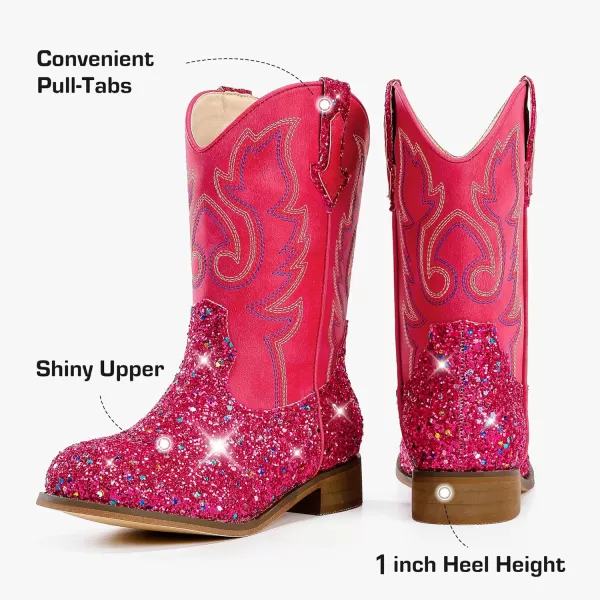 imageGirls Cowgirl Boots UnisexChild Mid Calf Glitter Toddler Cowboy Boot Little Big Kids Western Riding ShoesSequins Rose Red