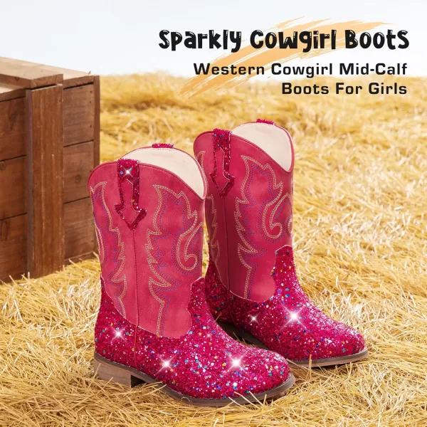 imageGirls Cowgirl Boots UnisexChild Mid Calf Glitter Toddler Cowboy Boot Little Big Kids Western Riding ShoesSequins Rose Red