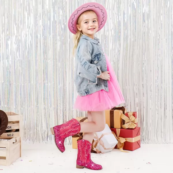 imageGirls Cowgirl Boots UnisexChild Mid Calf Glitter Toddler Cowboy Boot Little Big Kids Western Riding ShoesSequins Rose Red
