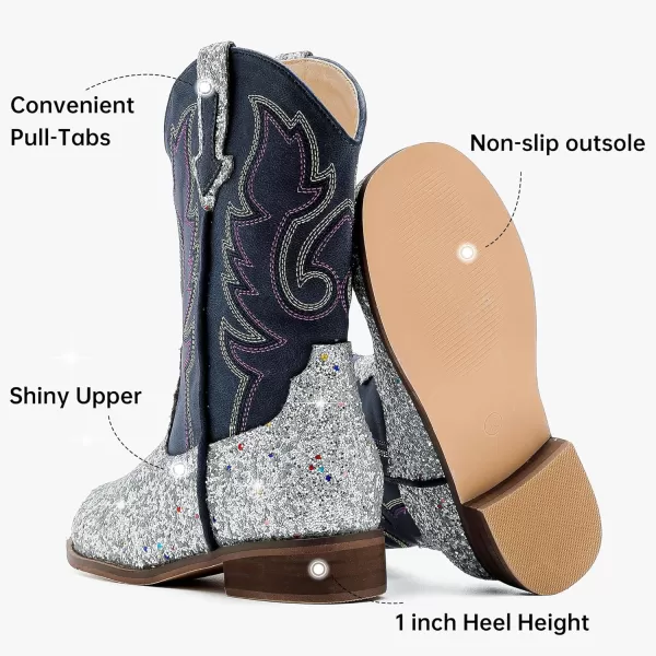 imageGirls Cowgirl Boots UnisexChild Mid Calf Glitter Toddler Cowboy Boot Little Big Kids Western Riding ShoesSequins Silver