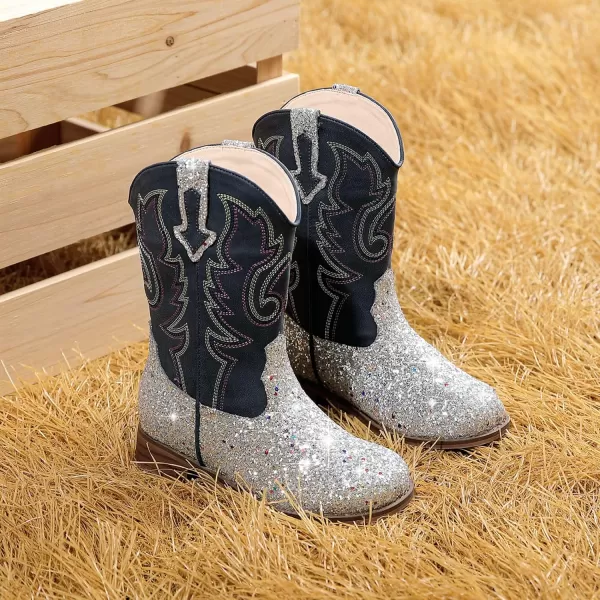 imageGirls Cowgirl Boots UnisexChild Mid Calf Glitter Toddler Cowboy Boot Little Big Kids Western Riding ShoesSequins Silver