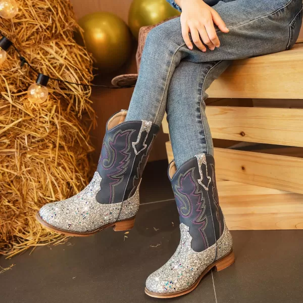 imageGirls Cowgirl Boots UnisexChild Mid Calf Glitter Toddler Cowboy Boot Little Big Kids Western Riding ShoesSequins Silver