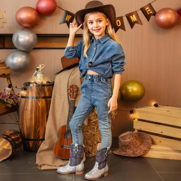 imageGirls Cowgirl Boots UnisexChild Mid Calf Glitter Toddler Cowboy Boot Little Big Kids Western Riding ShoesSequins Silver