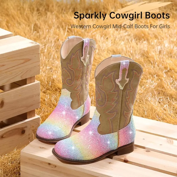 imageGirls Cowgirl Boots UnisexChild Mid Calf Glitter Toddler Cowboy Boot Little Big Kids Western Riding ShoesShiny Rainbow
