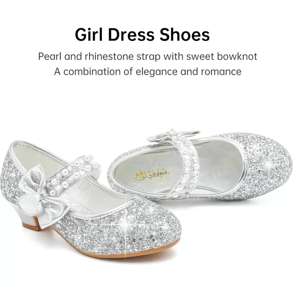 imageGirls Dress Shoes Girls Heel Flower Girl Shoes Girls Low Heel Pump Glitter Princess Heels Birthday Christmas Wedding Party Shoes for Toddler Little Big KidsPearl Sequins Silver
